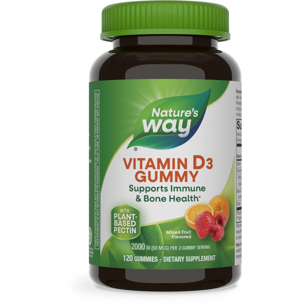 自然维他命D3 Gummys,支持Immune和Bone Health*,2000 IU(50 mcg)/2-gumies服务,维生素D3 2000IU/2 Gummys,混合水果燃烧,120个计数