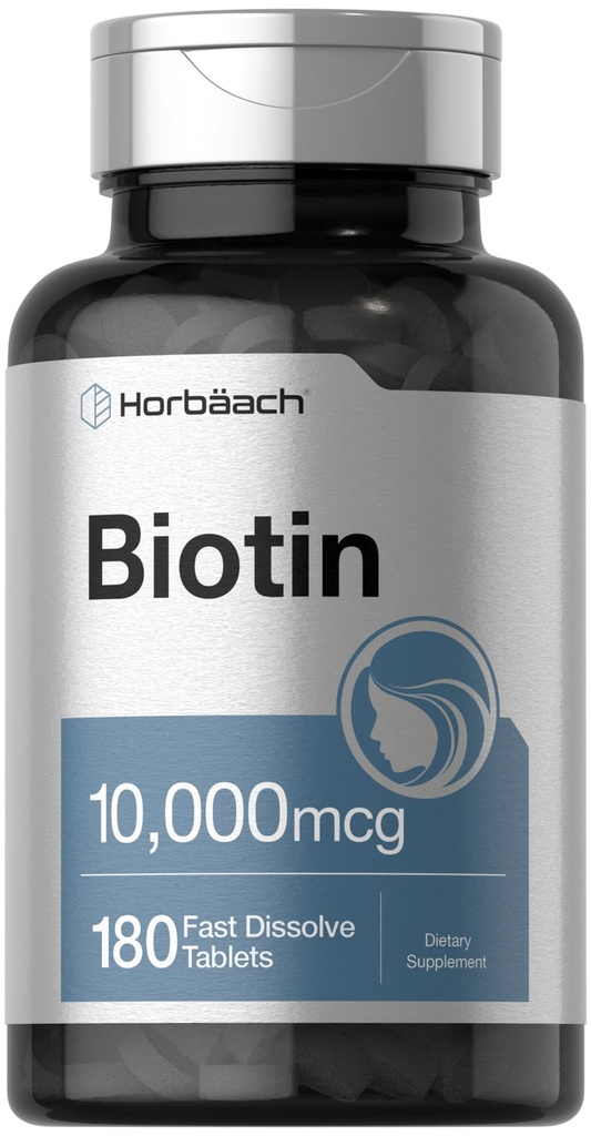 Horbäach Biotin 10000mcg 180 快速溶解药片 女性和男性 美容补充 QQ Vegetarian, Non-GMO, Gluten Free