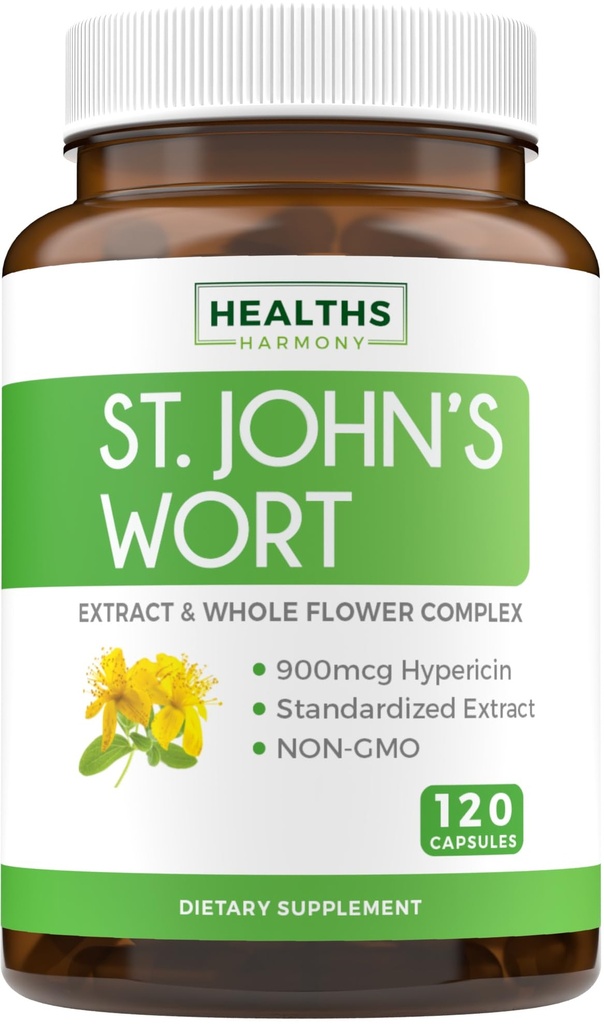 St John's Wort Capsules - 威力和Potent 圣约翰 Wort 提取 & 全草综合体 标准化为900mcg Hypericin 用于平衡每日摩德支持 - Vegan Non-GMO & Lab 验证(120 Caps)