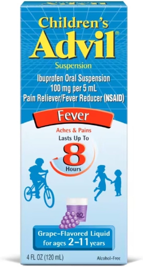 儿童节奏暂停 Ibuprofen 100mg 快速疼痛解脱器和减热器 最长8小时葡萄火焰液体 2至11岁 - 3包4 FL Oz瓶