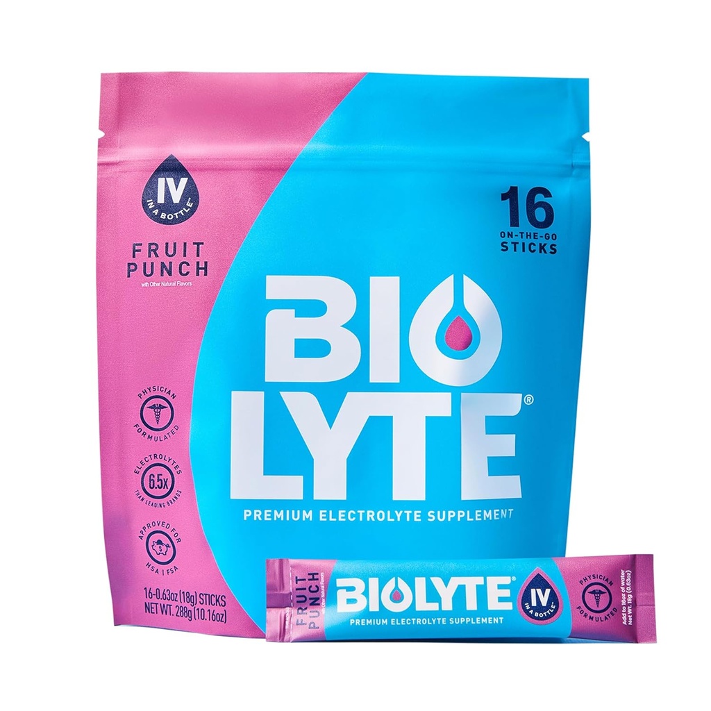 BIOLYTE IV 电解质粉包、IV 液饮水混合剂、博士开发水分、HSA和FSA批准脱水救济、女性必须用化学疗法、男子水果冲刺(16支棍)
