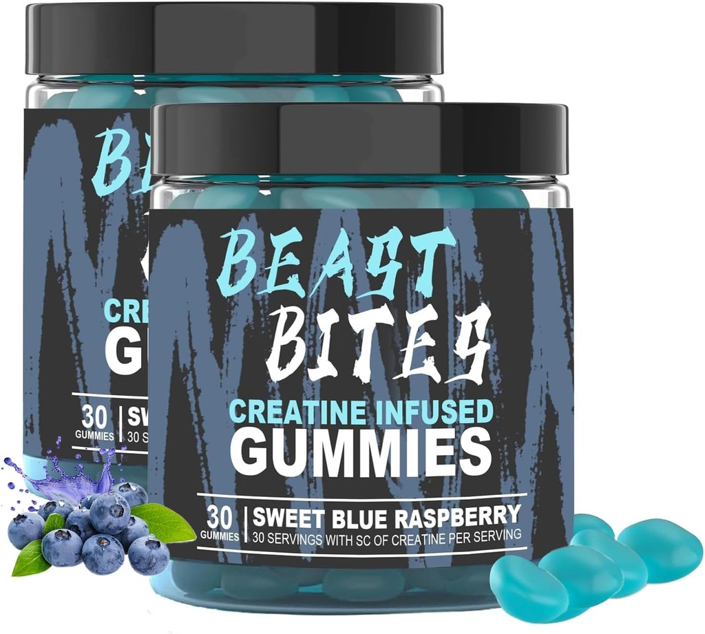 DYALE 野兽Bites Creatine Bites - 5g Creatine Monohydrate Pervice - 无糖或人工颜色 - 低卡罗里,Vegan & Halal - 蓝莓火焰 - 30 Gummys(2pcs)