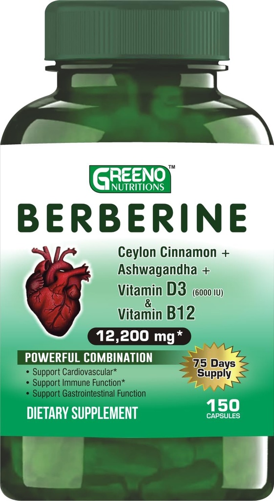 Berberine 12200mg with Ceylon Cinnamon Ashwagandha Vitamin D13 + Vitamin B12 Immune Heart Support - 75 Days Supply - 150 计数(一包).