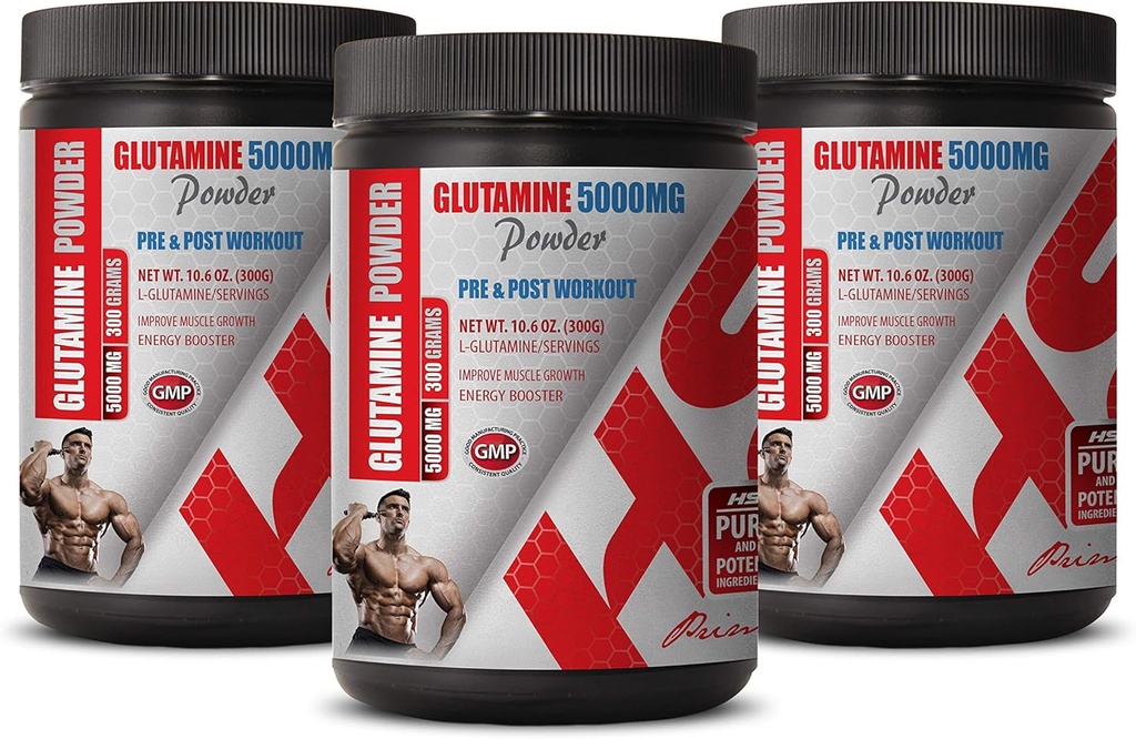 肌肉泵最佳补充剂 - Pre & Post Workout - GLUTAMINE Powder 5000MG - 谷氨酸饮食补充剂 - 3 Cans 900 Grams