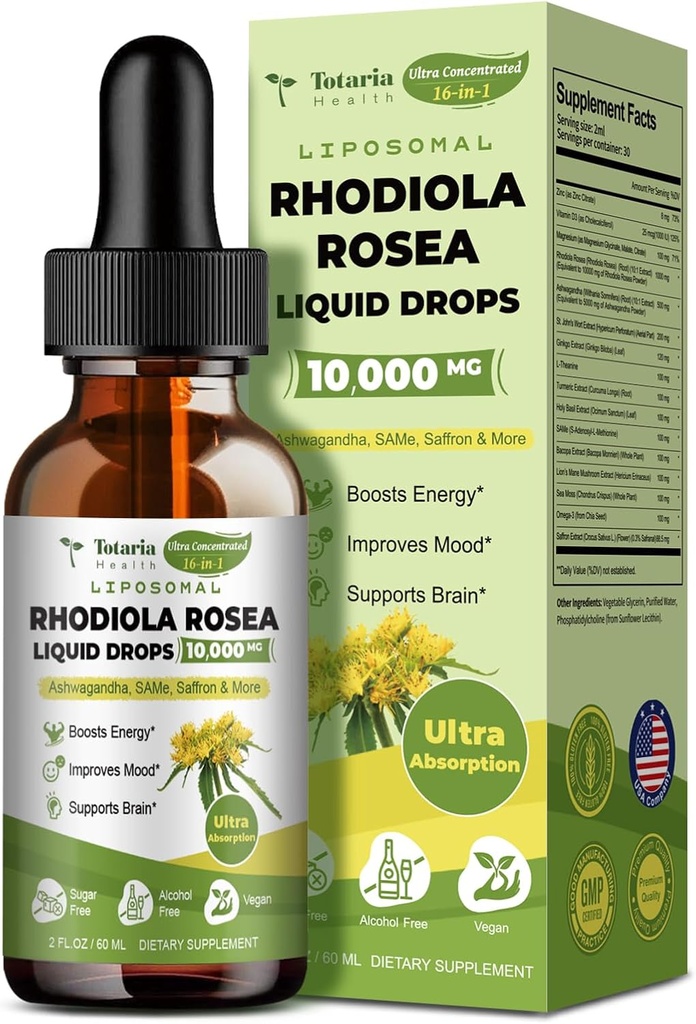 Totaria Liposomal Rhodiola Rosea Tincture 16 in 1, w/ Ashwagandha, L-Theanine, Saffron, Ultra 力量科尔蒂索尔 配Rhodiola Rosea, 镁