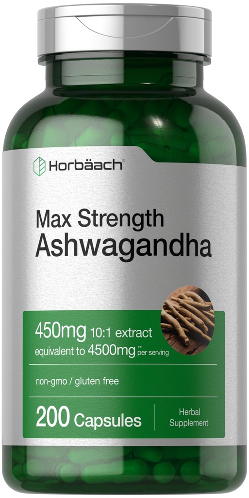 Horbäach Ashwagandha 补编 最大力量 200卡普勒斯 女性和男性 非GMO,格鲁滕自由