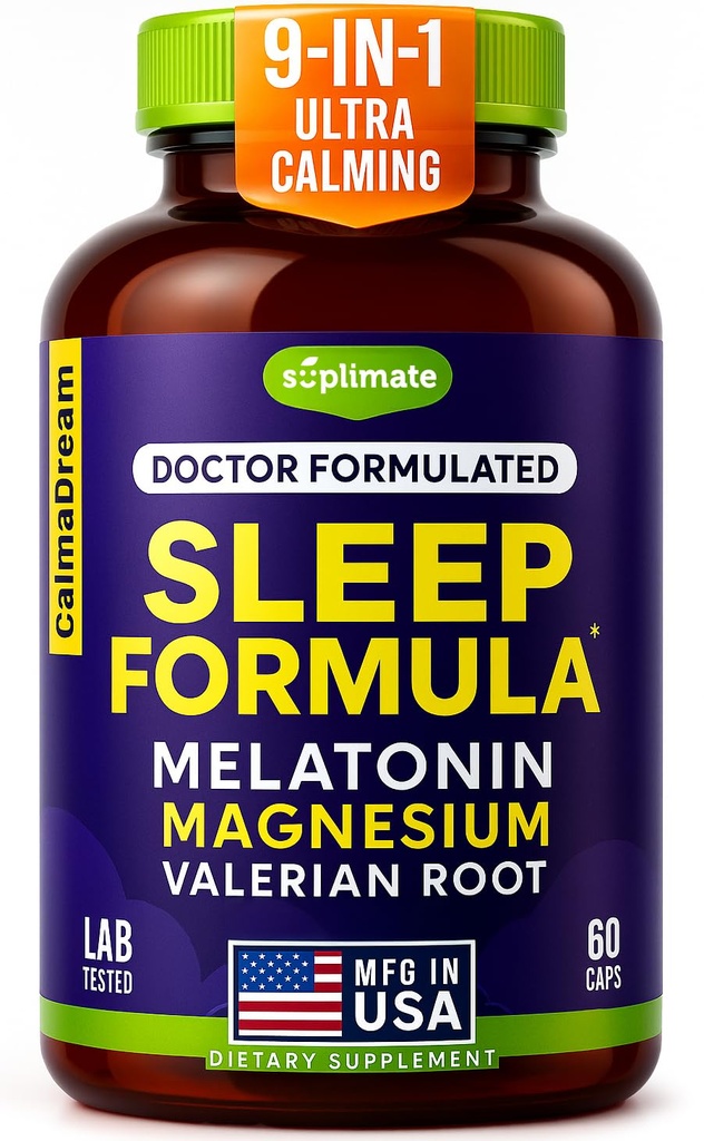 9-in-1 梅拉托宁成人睡眠援助——美国制造,用梅拉托宁5mg和108mg镁进行实验室测试 睡眠——TRAACS, Ashwagandha, Valerian Root, GABA, 5HTP, 草药睡眠补编, Vegan, 60 Caps