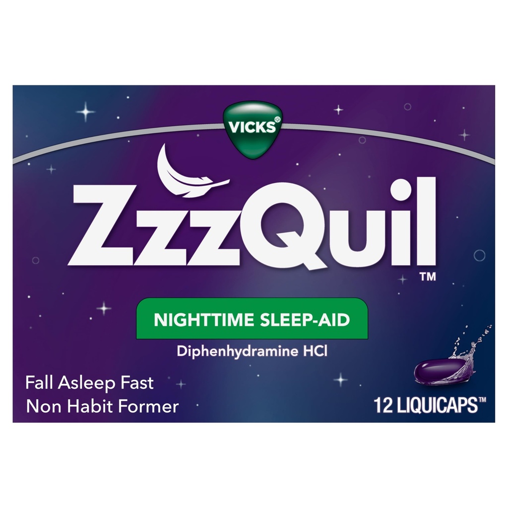 ZzzQuil,《夜间睡眠援助利基卡普斯》,25毫克二苯胺HCl,第1号,《睡眠援助品牌》,《非哈比人成形》,《失眠快速》,12份