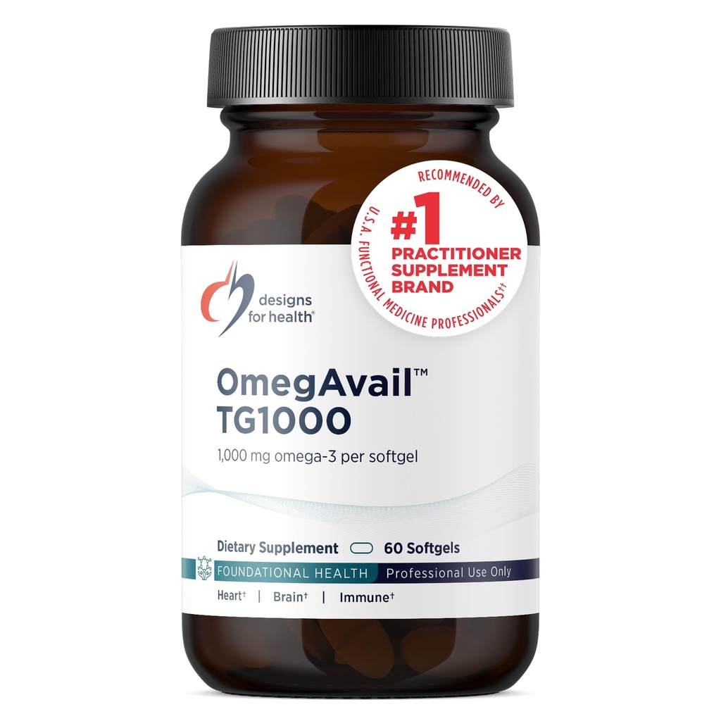 健康OmegAvail TG1000 - TG(Triglyceride)鱼油补充剂,配有EPA/DHA - 高度集中的1000mg Omega-3 Per Softgel - 天然柠檬火焰+无鱼余酸(60软胶)