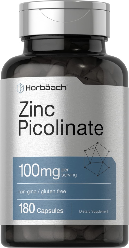 Horbäach Zinc Piclinate 100mg 180 Capsules 高概率 | Non-GMO, Gluten Free | Zinc 补编
