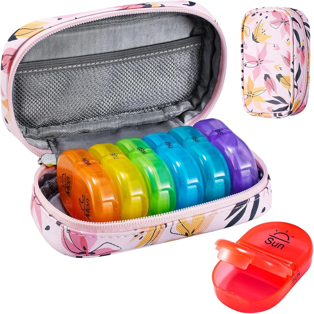 Serfeymi每周旅行药丸组织者 2 Times Organization A Day AM PM 升级彩虹药盒 7日可携带Zipper PU Leather药丸案 药丸组织者 维生素 鱼油 - Pink 03