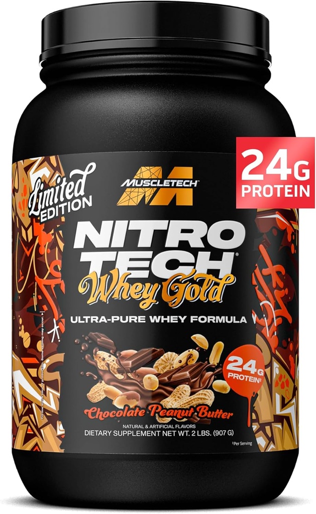 MuscleTech Whei蛋白粉(Chocolate Palentus Butter, 2LB) - Nitro-Tech Whey 蛋白质隔膜平滑混合剂,用于Lean Muscle & Fast Recovery - 24g的Whey金质蛋白供女性和男性使用 - Gluten-Free