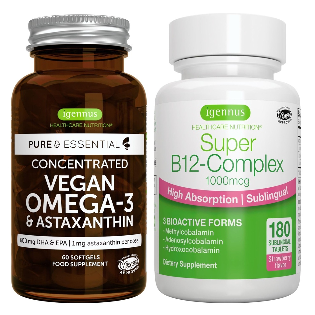 Vegan Omega-3 + Super B12-Complex 1000mcg Vegan Bundle, 可持续环保局 & DHA Algae Oil 1340mg + 高吸附亚语维生素 B12 与 Methylcobalamin, Adenosylcobalamin 和 Hydroxocobalamin, by I