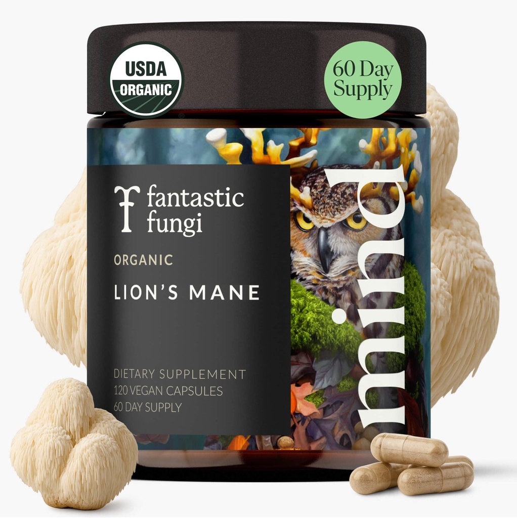 Lions Mane Supplement Capsules, Lion's Mane 蘑菇增刊 记忆,焦点和Mood支持, Adapgen 功能蘑菇 提取 - 100% UDA Organization, Vegan-Glass Jar, 120 Caps, 2个月供应