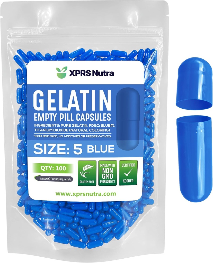 XPRS Nutra 大小 5 空卡普尔 - 100 个非常小的空格莱汀卡普尔 - 药丸 DIY 盖普尔 填充 - 填充 Pill Gel Caps for Do-It - Yourself Vitamin Suppers (蓝色)