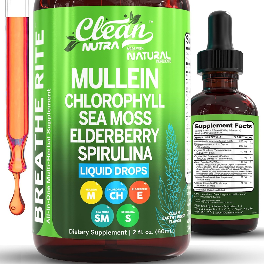 清洁的Nutra Mullein滴液用于肺脏 有机氯化物 液态爱尔兰海苔、螺旋藻、利科瑞斯、Tart Cherry Loberia、Motherwort & Merderberry Mullein Leaf 提取丁香 女性补编