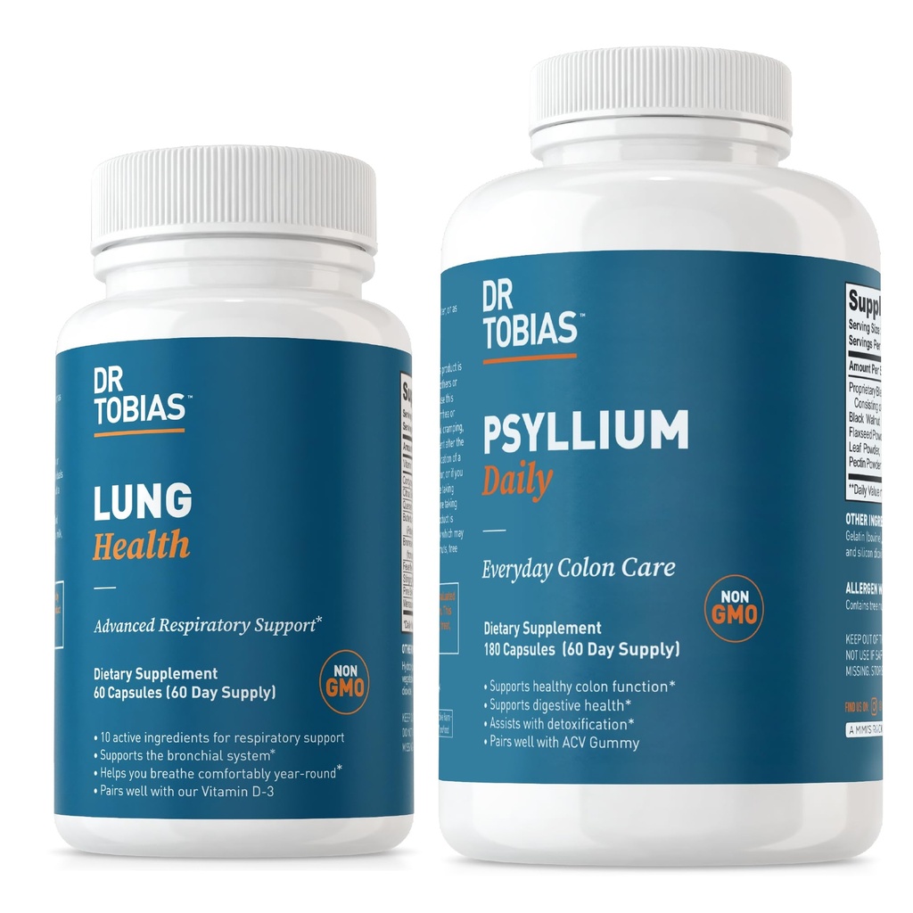 Tobias Lung Health & Psyllium博士 每日补充品、肺清洁剂和排毒法、支持用Psyllium Husk、维生素C、Butterbur、Quercetin、每日纤维和肺脏补充品进行健康肠道运动