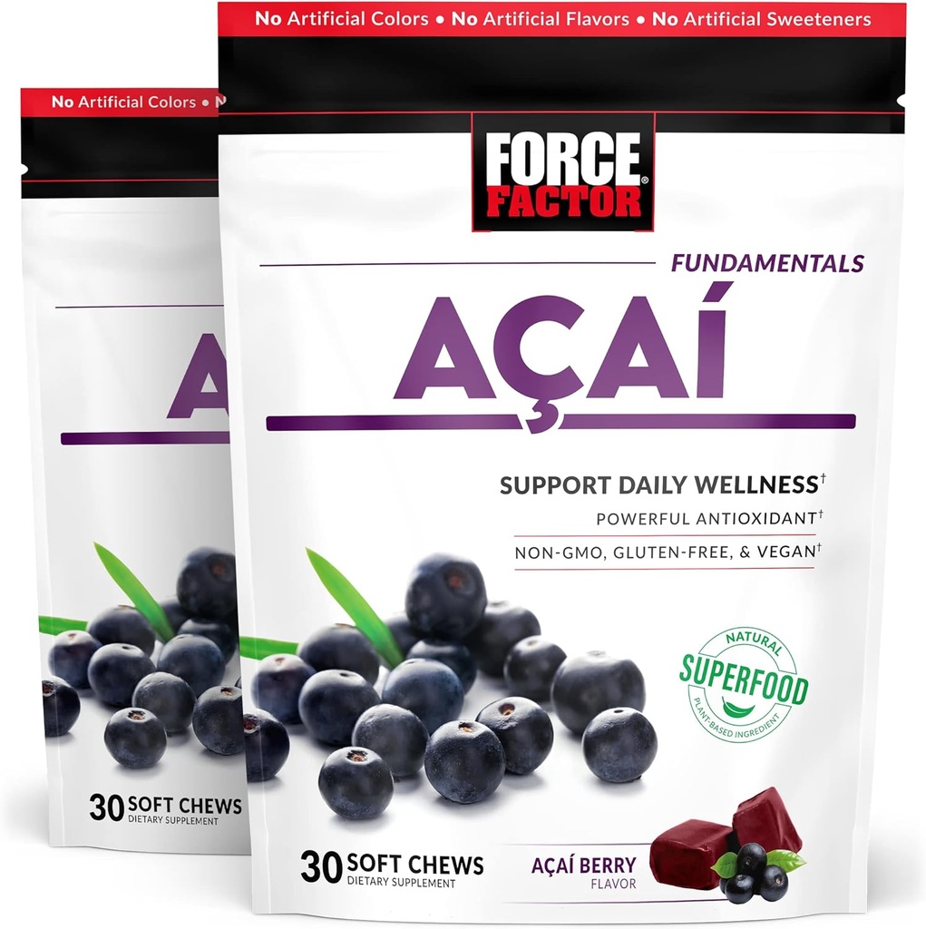 强制因素 Acai 软厨用于免疫支持、氧化性压力防御、超级食品和抗氧化剂补充剂、非GMO、无Gluten和Vegan、Acai Berry Flavor、30个软厨、2-Pack