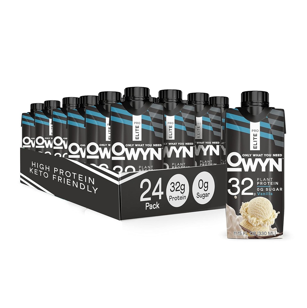 OWYN Pro Elite Vegan 植物基高蛋白 Shake, 香草, 24Pack, 32g 植物蛋白, 预生, 超食品绿色用于工作与恢复, 0g Net Carbs, 零糖, Keto (24 Pack)