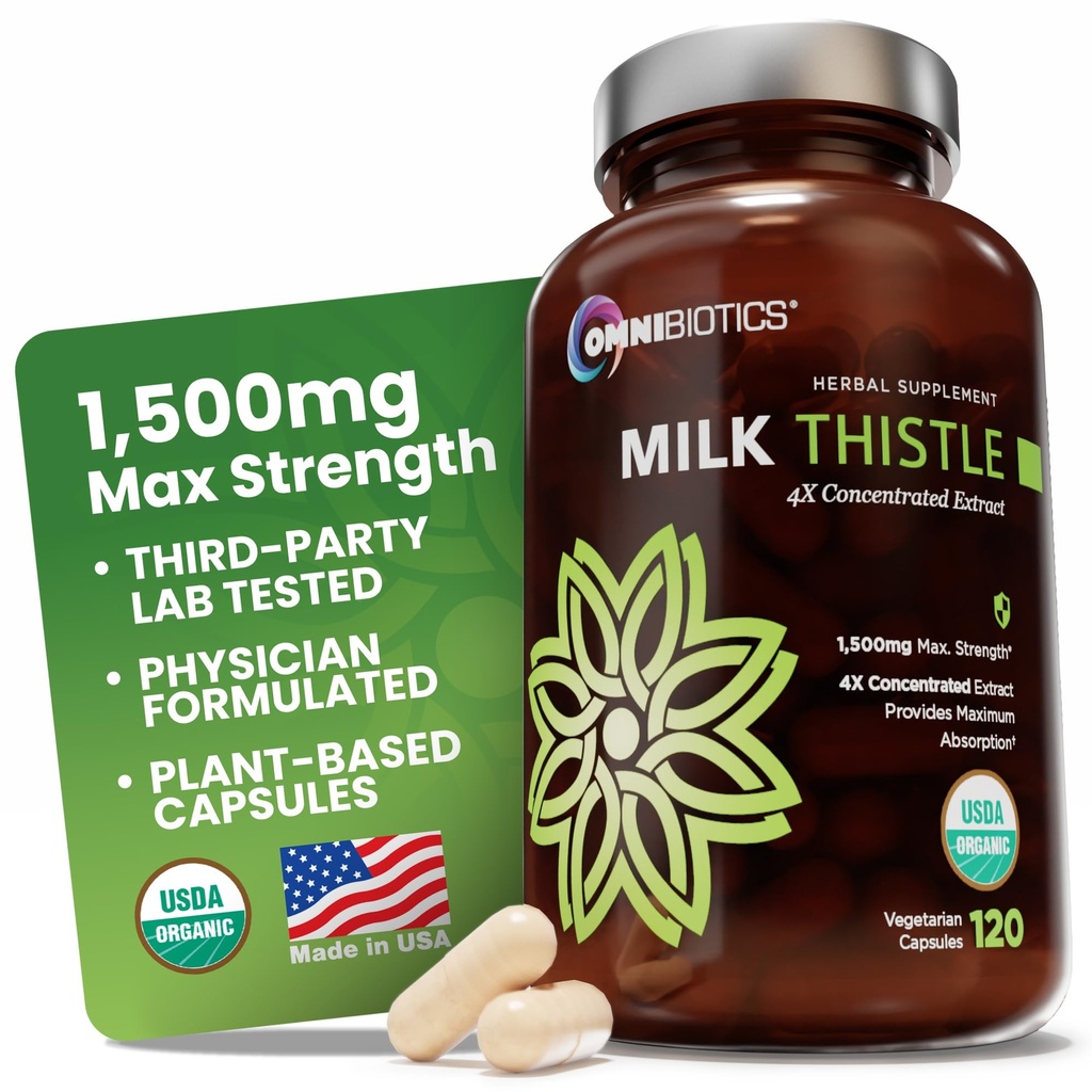 OmniBiotics 有机牛奶硝酸盐补充剂 – 1500mg – 4X 集中提取与Silymarin – 高概率肝脏解毒和支持 – 120 Vegan Capsules