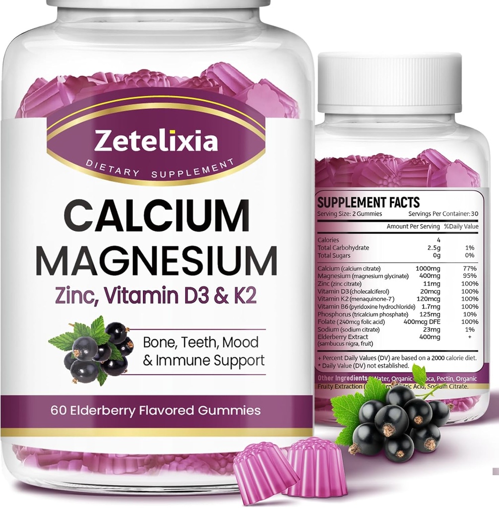 含D3的钙,含Glycnate,Potassium,维生素D3 & K2, & Whole Natural Food for Bone & Immune Support - 120 Chewwable Gummy Elderberry Flavor 的钙镁补充剂.