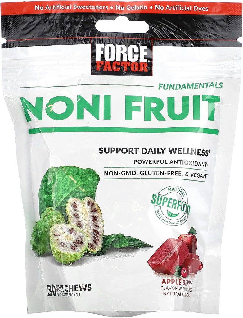 FORCE FACTOR 诺尼果冻豁免和皮肤健康支持,诺尼果汁补充,植物抗氧化剂超食品 果冻,无糖果冻, & Vegan, Apple Berry Flavor, 30 Soft Chews