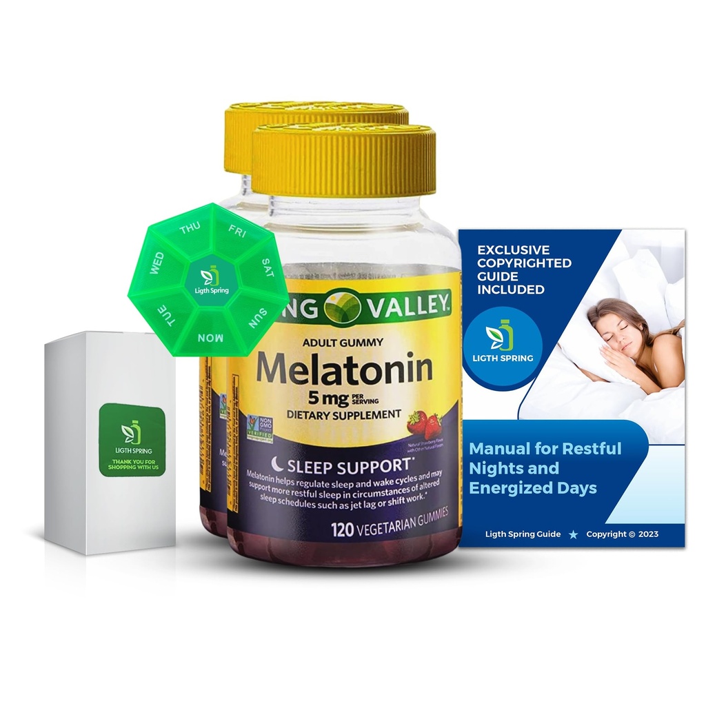 Melatonin 5Mg, 120 Gummys, 睡眠支持(2 Pack) 与 Bundle External Better Ligth & Spring 指南