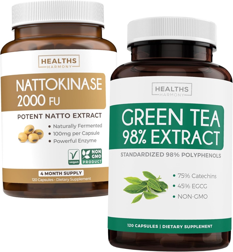 Nattokinase & Green Tea (2-Month Supplement) 绿色生命力靴 - Nattokinase 2000 FU 强力天然发酵大豆 - 120 Caps & Green Tea 提取 98% 与 EGCG (Non-GMO) 天然代谢靴子