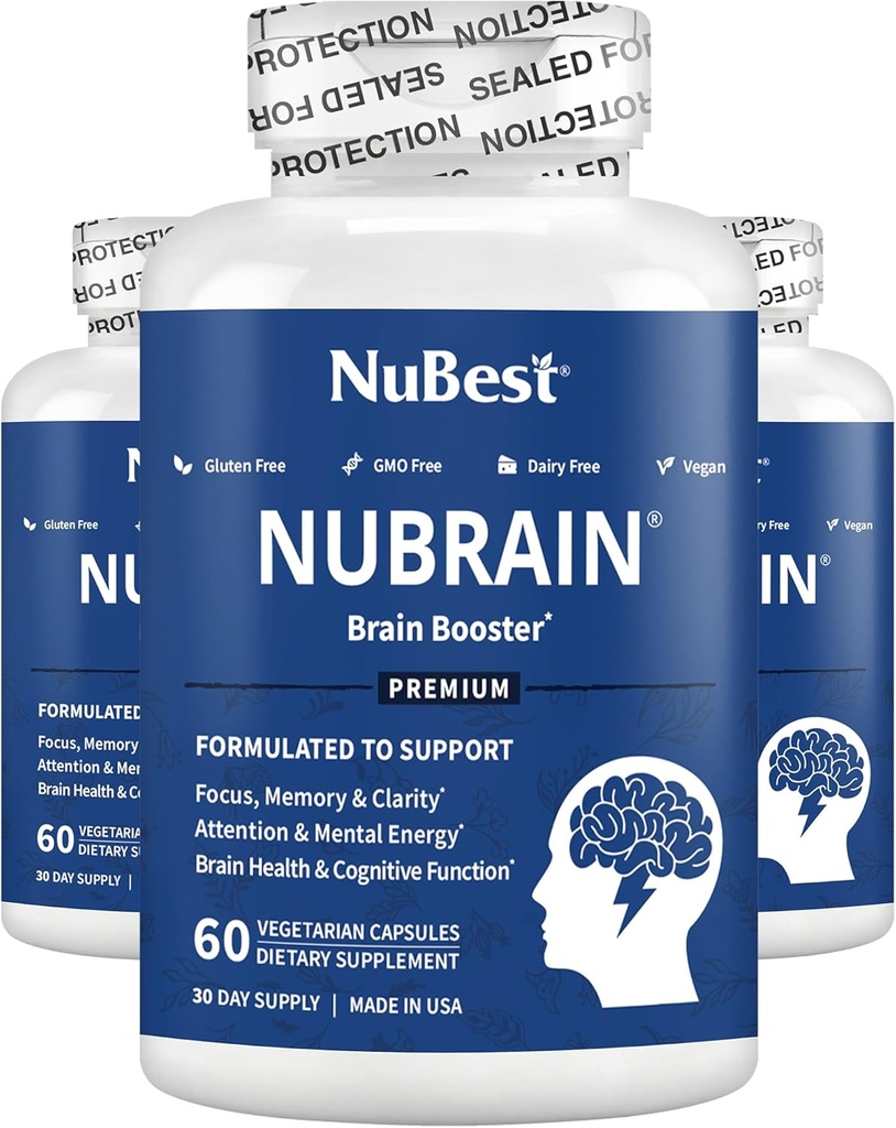 NuBrain - 高级脑助推器 - 改善记忆,焦点和与维生素B6的清晰度,Ginkgo Biloba, Bacopa Monnieri & More - 男女大脑补充剂 - 3 Pack QQ 3个月供应量