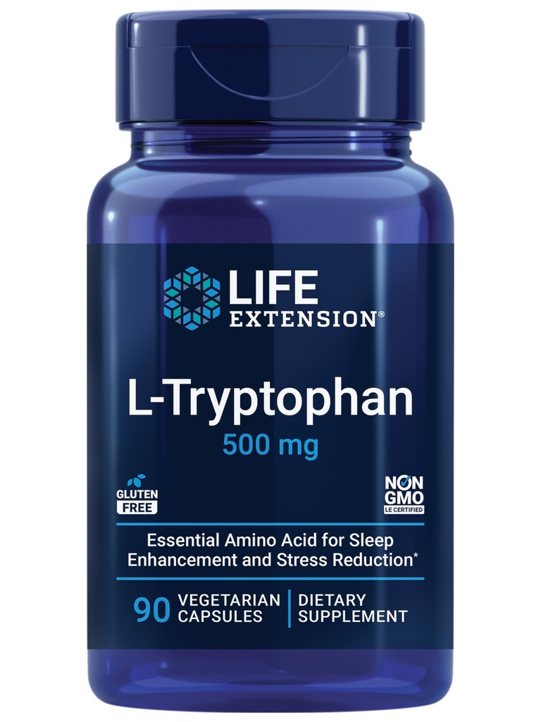 生命延展L-Tryptophan,500毫克,鼓励健康血清素水平并促进健康睡眠、黏液、应激反应和满足、无糖、非GMO、蔬菜、90卡普尔