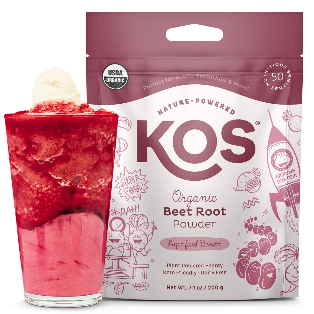 KOS 有机甜菜根粉, USDA 认证 - 基于超级食品厂的甜菜原料 用于 Stamina 增殖,流通 - 非 GMO, Soy & Gluten - Free, 50 services Bag