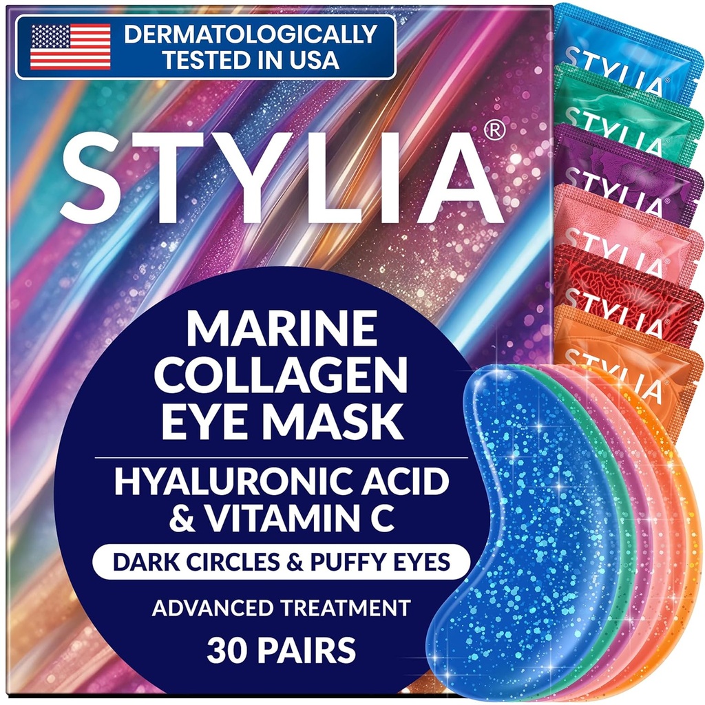 Stylia Collagen & Vitamin C 猫眼和暗色圈眼下补丁 - 用Hyaluronic酸去除、吸水和扎紧眼罩眼下补丁 - Vegan,残忍-无皮肤护理(30对)