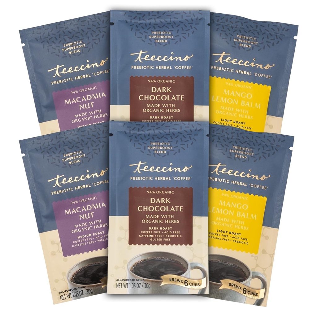 Teeccino Prebiotic SuperBoostTM 草药咖啡标本 - 6 试-Size Packets - 暗巧克力,芒果柠檬,Macadamia Nut - Prebiotic,无咖啡因,地咖啡替代品促进良好脂肪健康