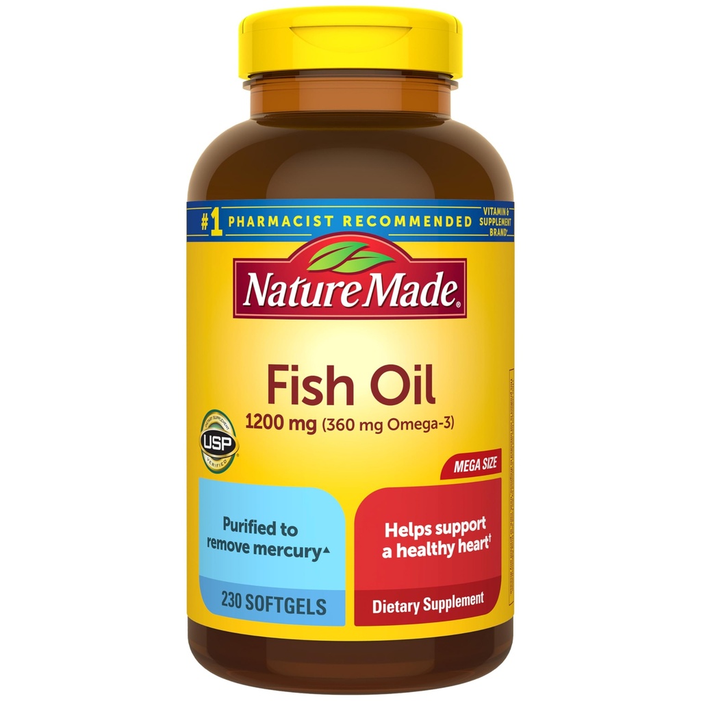 Nature Made Fish Omega 3 Supplements, 1200 mg Softgels, Omega 3 鱼油用于健康心脏支持,230 Softgels, 115日供应