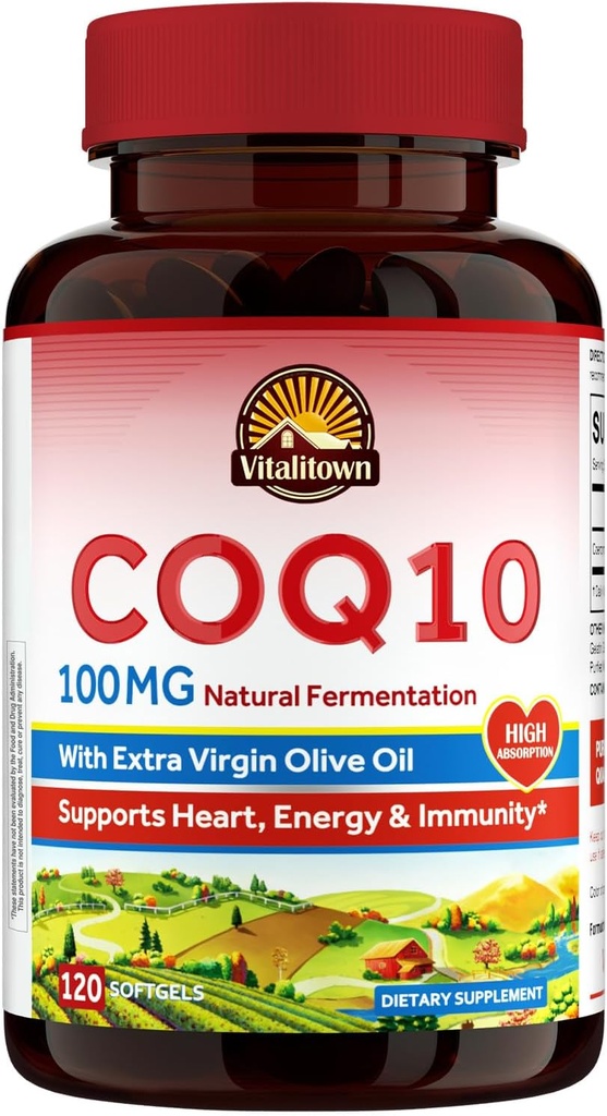 Vitalitown CoQ10 100mg,配有额外维尔京橄榄油,最大吸收,Coenzyme Q10 补编,No Gluten,Non-GMO,用于抗氧化剂和心脏健康支持,120软胶