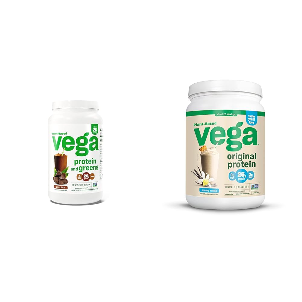 维加蛋白和绿素蛋白粉,巧克力和原蛋白粉,Creamy Vanilla Plant 以蛋白为原料的饮用混合水,牛奶和滑块,32.5 oz