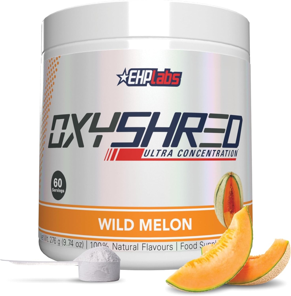 EHP Labs OxyShred Pre Workingout Powder & Shredding Supplement - 配有 L Glutamine & Acetyl L Carnitine 的预工作粉, 能量靴饮料 - Wild Melon, 60种服务