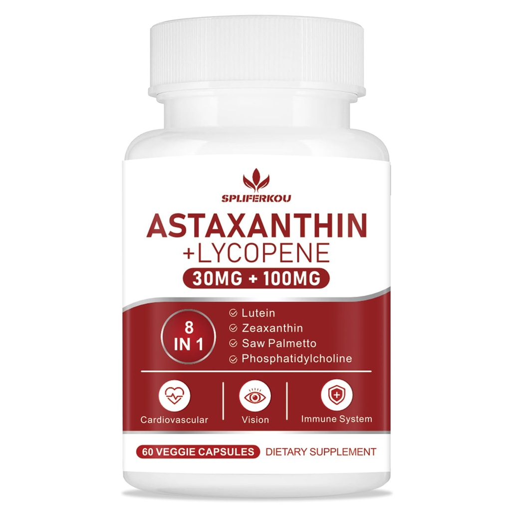 Astaxanthin和Lycopene 70mg, Astaxanthin 配磷酸盐、Lutein和Zeaxanthin, 强抗氧化剂补充支持皮肤、眼和联合健康(60 Capsules)