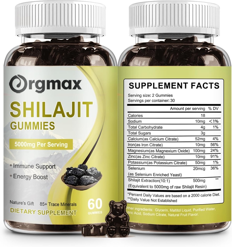 希拉吉特纯喜马拉雅有机物 Shilajit 85+ Trace Minerals & Fulvic Acid, 支持焦点, 能源与免疫, Non-GMO|60 Count 2 包装