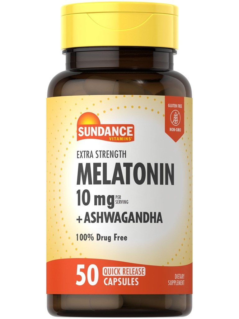 Sundance Melatonin 10 mg 与 Ashwagandha + 50 Capsules + 额外力量 + 非 GMO & Gluten 免费补充
