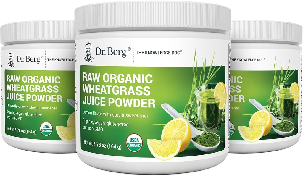 Berg博士的原麦草汁粉(60种服务) - USDA认证有机麦草粉(W/Chlorophyll, Trace Minerals & Natural Enzymes) - 超集中 - Lemon Flavor w/Stevia 3 Pack