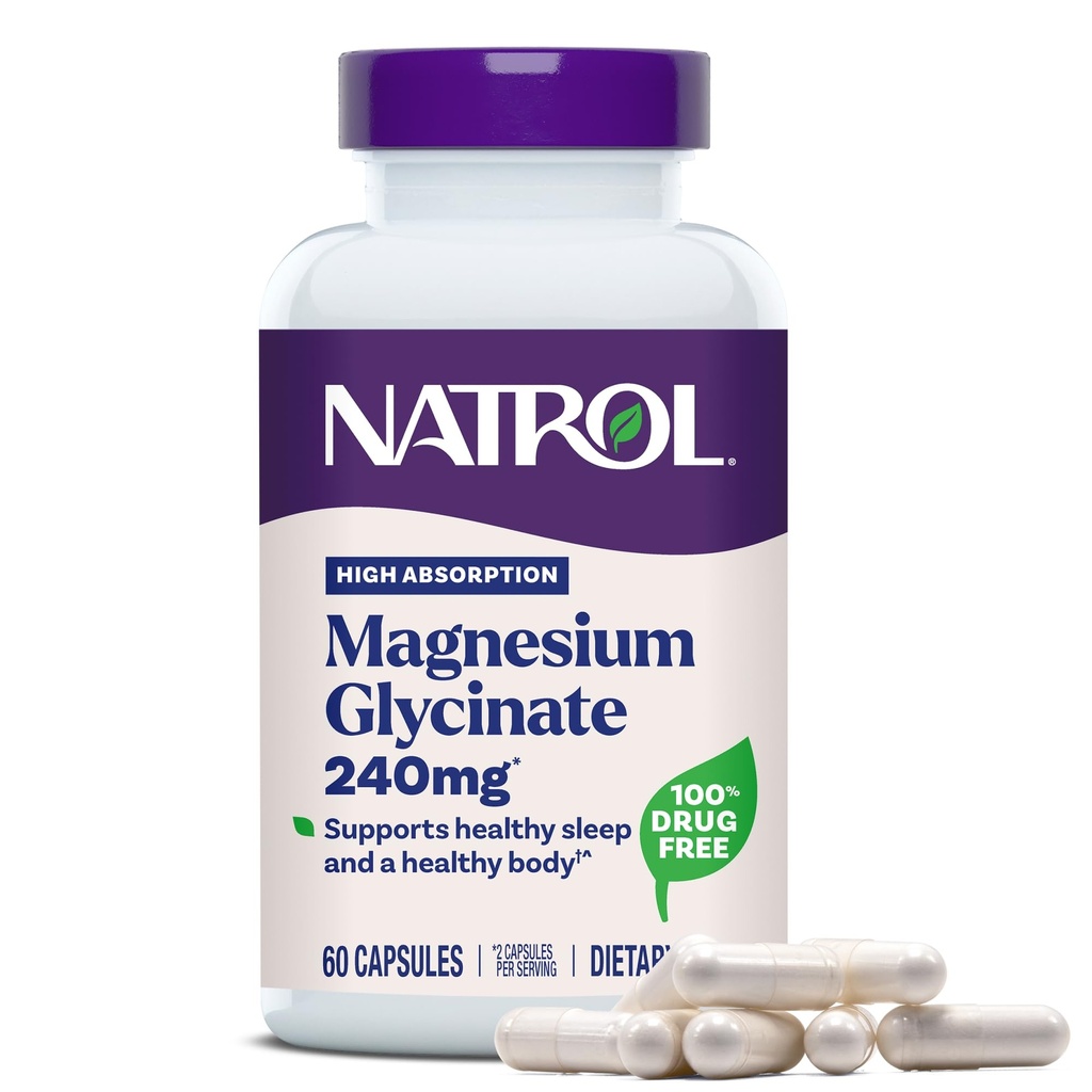 Natrol 甘油镁补充物 240 mg - 高吸收 - 平静 甘油镁用于睡眠 - 60 Capsules, 30天供应量