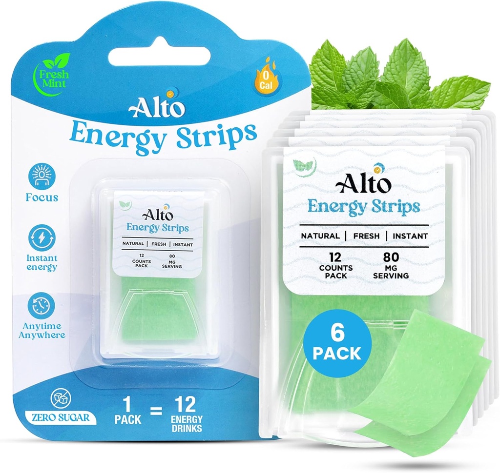 Alto Energy 条带80毫克天然咖啡因 – 10X 更快的吸收 → 12 美味的薄荷条 → 12 能量饮料 → 能源与焦点助推 随时随地 – 6 pack