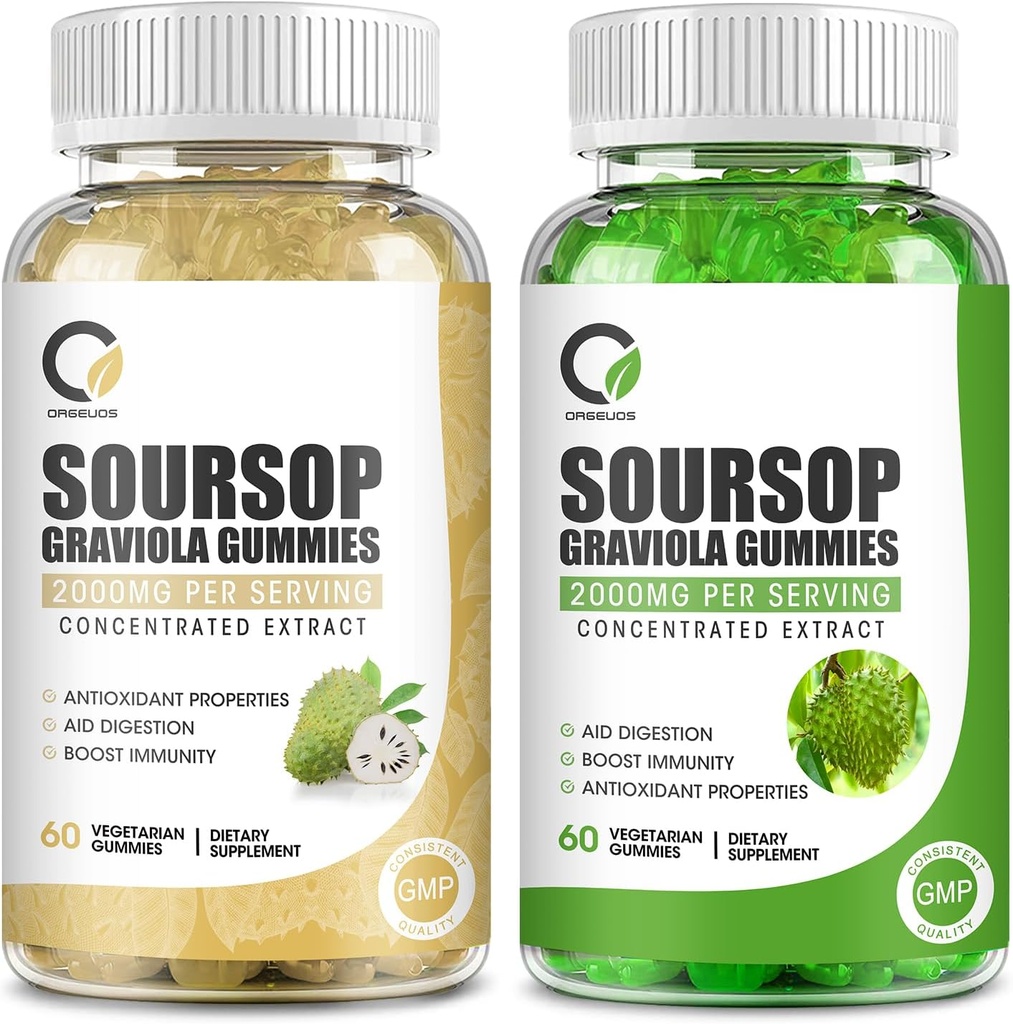 2 Pack Soursop Graviola Gummys, Soursop Leaf 提取 Flavor & 认证 Soursop 水果提取 Flavor,用于细胞支持和再生,豁免,活体,Zzz & 抗氧化剂 - Gluten Free, Vegan