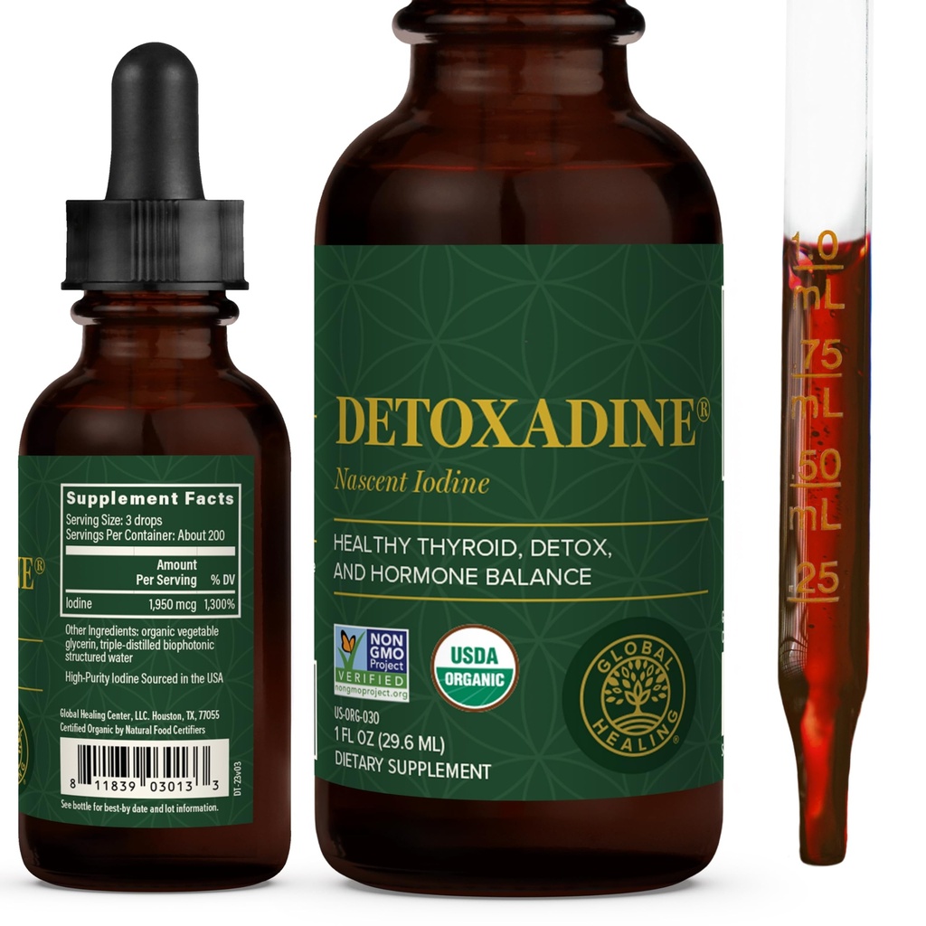 全球治疗中心 -- -- 脱毒丹 -- -- 有机纳辛液碘补充剂,用于支持甲状腺素、解毒清洁剂和代谢剂 -- -- 非GMO、Vegan、200 服务碘滴(1 Oz)