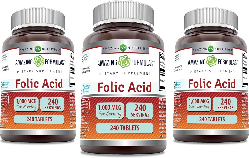 神奇的方程式 Folic Acid 1000 mcg(1mg) 平板药 补充 |维生素 B9 | Non-GMO | Gluten Free | |  USA  USA(240 counter | 3 pack) 美国制造 | | 3 pack)
