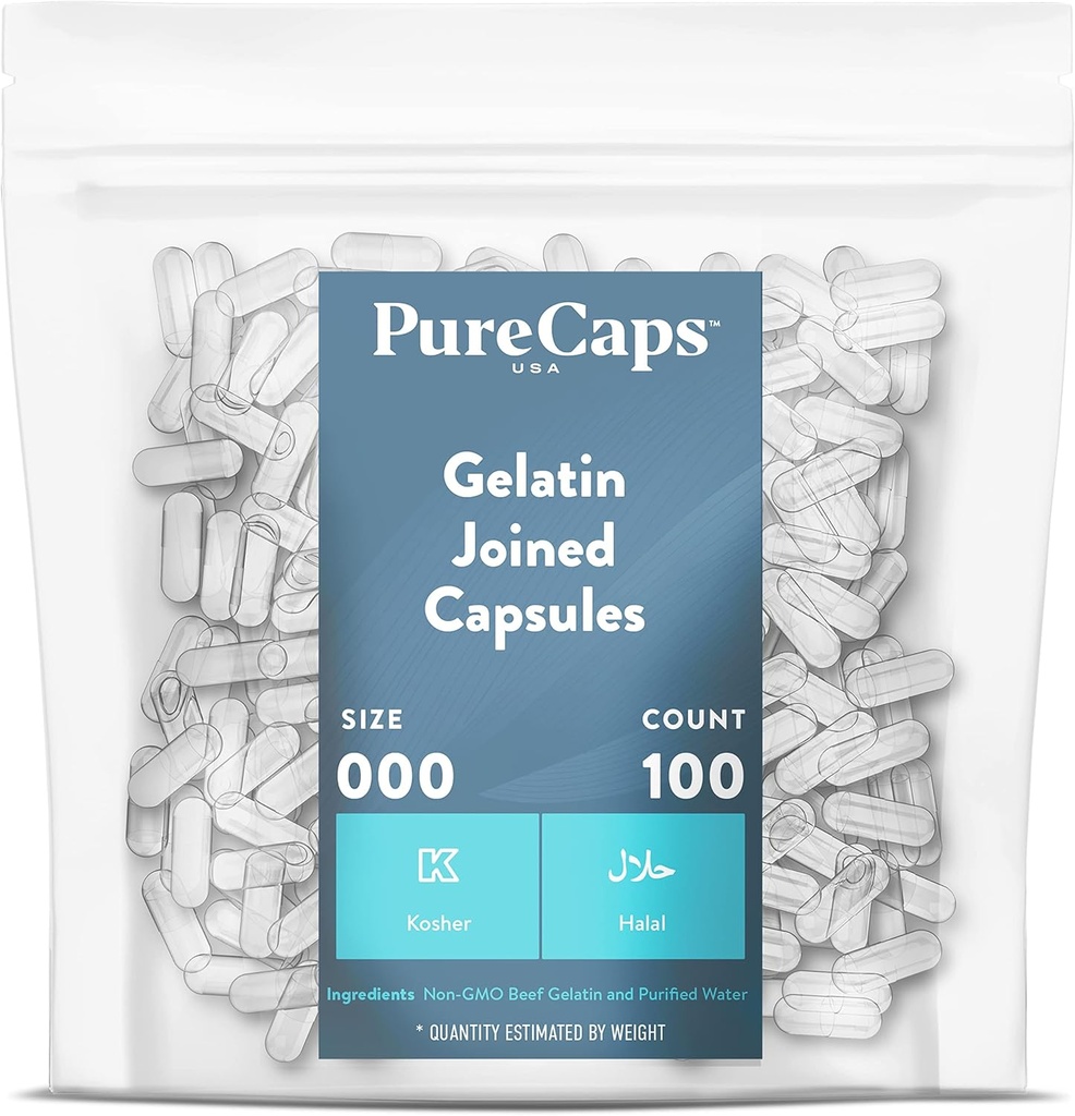 PureCaps USA - 空格莱廷药丸 大小 000 | 100 加入药丸 | Clear | N-GMO 认证 SLS, Gluten, 防腐自由