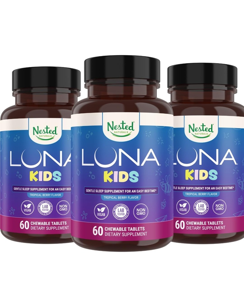 Nested Naturals Luna Kids Sleep Supplement - for Children & Melatonin 敏感成年人 - Gentle Herbal Supplement with Chamomile, Melatonin, & Valerian - 180 Chewable Taps (每瓶60块)