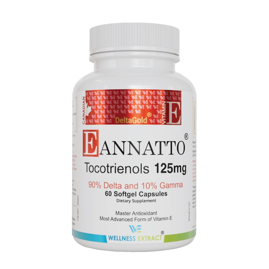 WellNESS EXTRACT Eannatto Tocotrienols 维生素E 补充物 脱磷酸酯 无糖氨酸,无糖氨酸,无糖氨酸和抗氧化剂(125MG 60 Softgels)