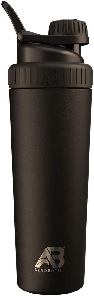 AeroBottle Cryo Shaker Cup,绝缘无锡钢水瓶和蛋白质Shaker,Mixes蛋白和预研用涡轮混合技术,无搅拌球或Wisk,26oz,黑冰